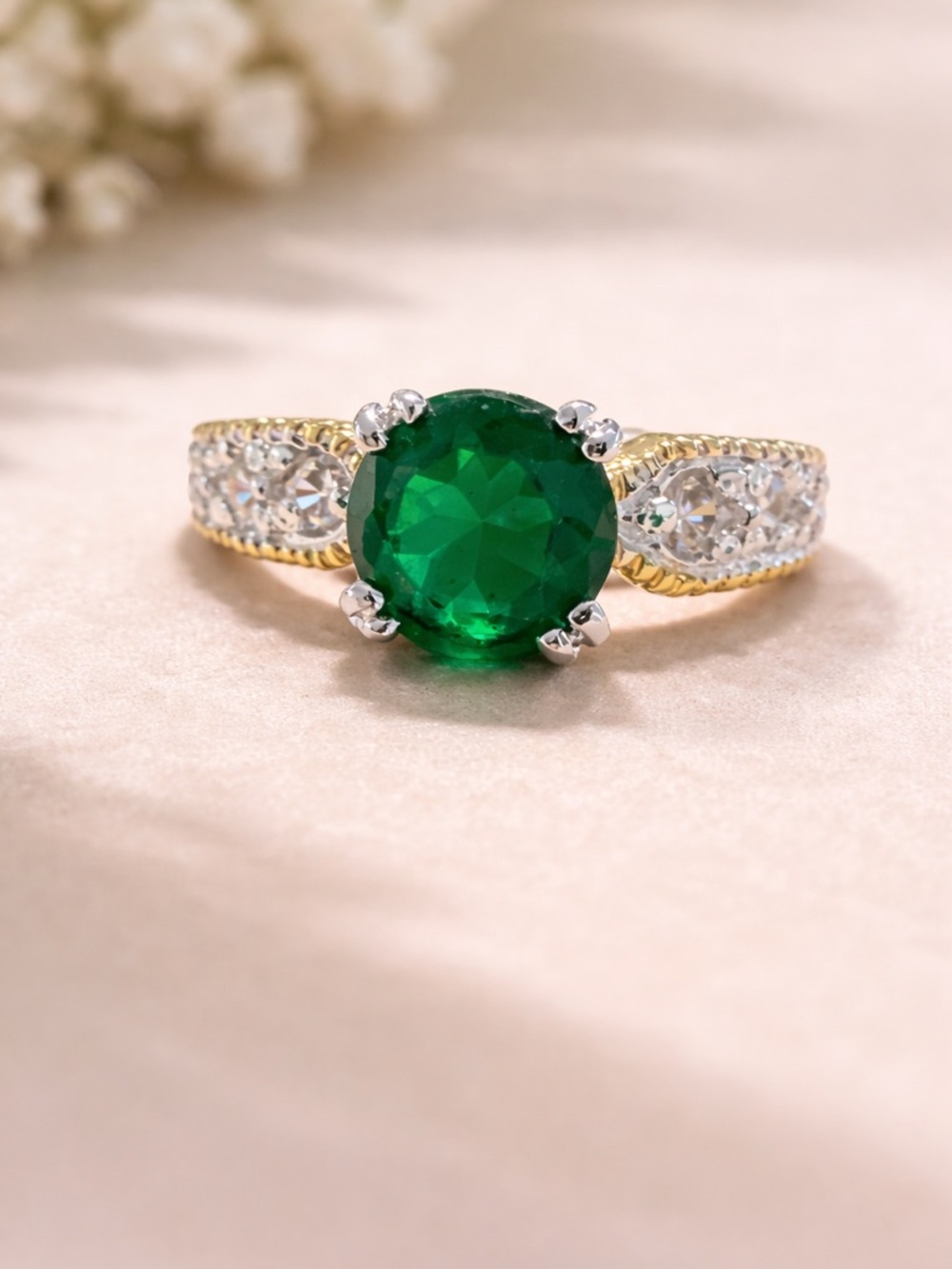 Lab Emerald Cubic Zirconia 14K Gold and Silver Solitaire Ring - Size 7